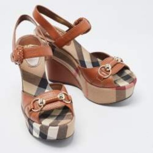 Authentic Burberry Brown Leather Nova Check Plaid Platform Wedge Heel 37 US/7 - Picture 1 of 13